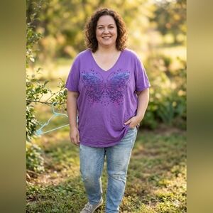 Just My Size Purple Butterfly V-Neck Graphic T-Shirt - Size 5XBrand